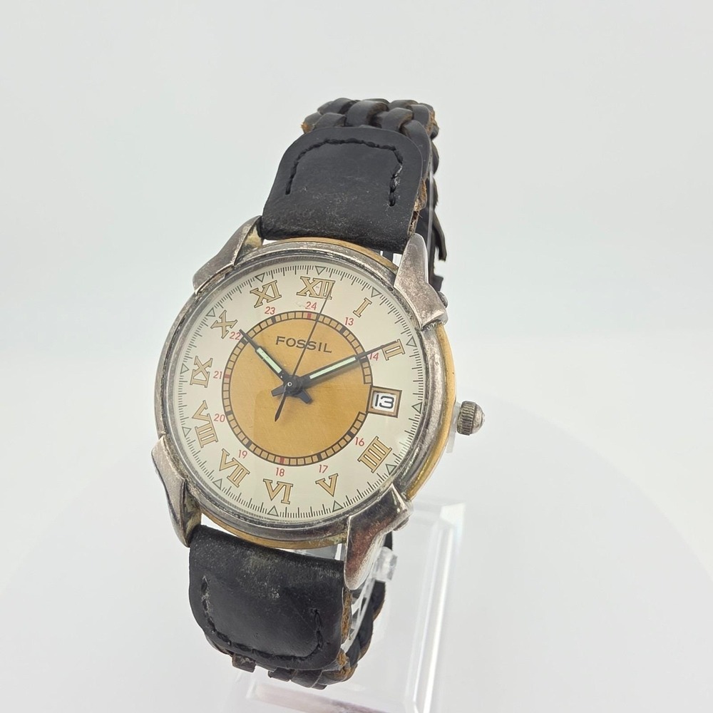 Vtg FOSSIL Mens Watch EC-6822 Black Woven Leather Band Silver Gold Plate 8.5"